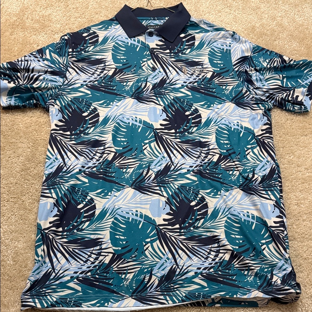 Navy and Teal Leaf Print Polo Shirt